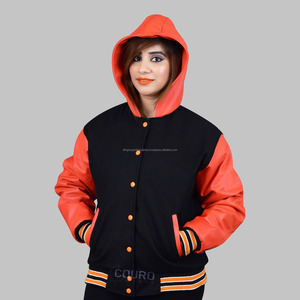 Corps 100% laine personnalisé de haute qualité et manches en cuir de vachette véritable avec capuche veste Letterman Varsity pour hommes et femmes - Product Image 4