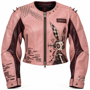 Chaqueta de Cuero Rosa para Mujer, Estilo Punk, con Estampado, Chaqueta de Motociclista con Tachuelas, Ropa Exterior Personalizada, Fabricación OEM/ODM a Pedido - Product Image 1
