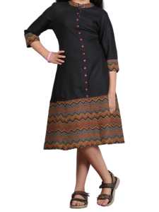 Kurta pour filles en rayonne et coton, imprimé zig-zag, coupe trapèze, noire, style ethnique traditionnel, décontractée, taille naturelle, pour l'été - Product Image 4