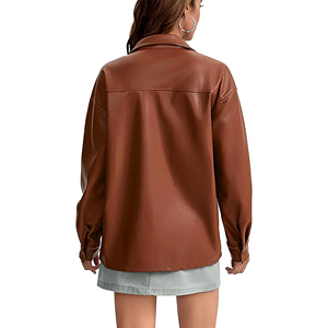 Camisa de Mujer de Piel Sintética con Botones, Manga Larga, Ajuste Holgado, Estilo Casual Urbano, Top de Moda, Chaqueta Oversize de Cuero PU Suave - Product Image 5