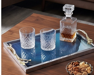 Plateau de service en résine bleue de qualité supérieure avec poignées dorées, finition métallique polie, motif marbré, pour une table élégante et un cadeau haut de gamme - Product Image 6