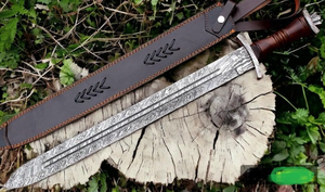 Espada Gladiador Vikinga de Doble Filo, Forjada a Mano en Acero de Damasco Antiguo, con Ranuras para Sangre - Product Image 6