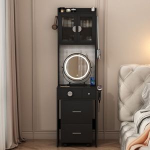 Mini tocador de maquillaje de esquina compacto, luces LED, estación de carga, cajones de almacenamiento, estantes, taburete de almacenamiento oculto para espacios pequeños - Product Image 4