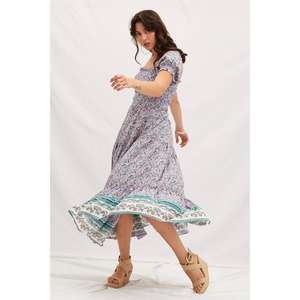 ชุดเดรสมิดิพิมพ์ลายดอกไม้สำหรับผู้หญิงแขนสั้นโบโฮชุดลำลองชายหาดฤดูร้อน - Product Image 1