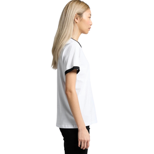 T-shirt à col rond et manches courtes pour femme, avec bordure contrastante, coupe classique, imprimé discret sur la poitrine, en jersey de coton, style Ringer, vente en gros, personnalisable, OEM - Product Image 2