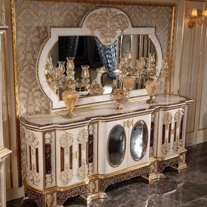 Ensemble de table à manger en bois d'acajou de style classique européen élégant, meubles de salle à manger de luxe sculptés à la main en or ivoire avec buffet - Product Image 4