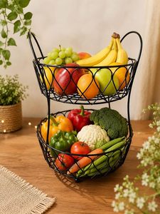 2-Tier Metal Fruit Basket Black Iron Wire Double Layer Kitchen Countertop Organizer <b>Vegetable</b> <b>Stand</b> Home Dining Decor - Product Image 4
