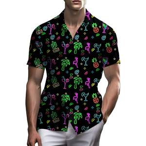 Camisa Aloha de punto con estampado neón hawaiano divertido para hombre, transpirable, con botones, 100% poliéster, manga corta, para verano, con estampado brillante. - Product Image 3
