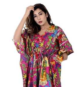 Túnica Kaftan de Algodón Kahlo Hecha a Mano, Vestido Informal para la Playa - Product Image 3