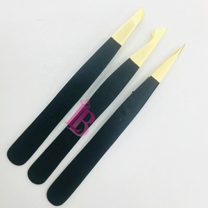 Pinzas Profesionales para Cejas, Pinzas para Cejas de Visón Negro, Juego de Pinzas Rectas y Oblicuas de Acero Inoxidable con Punta Dorada y Logotipo - Product Image 3