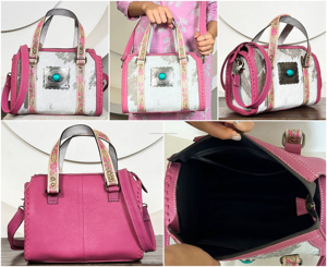 Hot Selling Hand <b>Tooled</b> <b>Leather</b> Medium Duffel Bags Pink Cowhide <b>Leather</b> Bag Turquoise Concho Shoulder Crossbody Purse for Women - Product Image 3