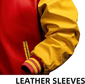 เสื้อแจ็คเก็ตวาร์ซิตี้สีแดงเหลืองสำหรับผู้ชาย แขนหนัง PU แต่งสีตัดกัน สไตล์ลำลองแบบเบสบอล ปกคอพับ ติดกระดุมแถวเดียว เสื้อคลุมตัวนอก - Product Image 5
