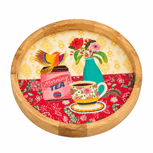Round Wood Enamel Serving <b>Tray</b> Decorative Illustrated BaseModern Dining Coffee Table Home <b>Decor</b> | Versatile Display Serving <b>Tray</b> - Product Image 1