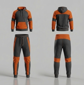 Survêtement à capuche pour homme, noir et orange, à blocs de couleur, manches longues, décontracté, sportswear avec poches latérales, coupe classique, automne - Product Image 2