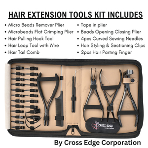 Kit complet d'outils pour extensions de cheveux noirs avec pinces à micro-anneaux, pinces à ouvrir et à fermer les anneaux, pinces à bec de canard, pinces pour extensions à bandes, boucle et crochet - Product Image 2