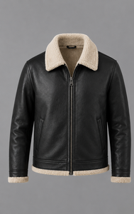 Chaqueta de Cuero Genuino para Hombre con Forro de Sherpa y Cierre de Cremallera - Product Image 1