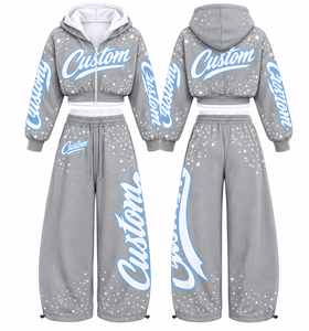 Survêtements en tissu 100% coton imprimés avec des motifs personnalisés, nouveau look vintage, sweat à capuche zippé court avec pantalon évasé, ensemble deux pièces - Product Image 1