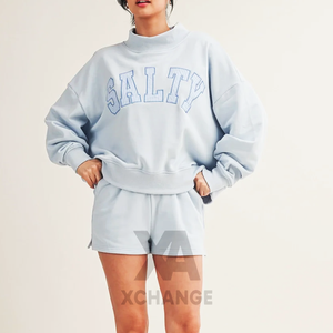 Women's Oversized <b>Light</b> Blue Crew mock neck Sweatshirt With Embroidered Salty <b>Letter</b> Design Drop-Shoulder Full Sleeve Knitted - Product Image 1