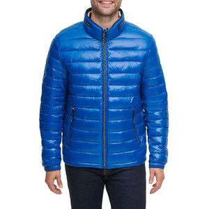 Veste matelassée bleue pour homme, col montant, coupe-vent, fermeture éclair, manteau d'hiver décontracté, coupe régulière, couleur unie, extérieur en polyester - Product Image 1