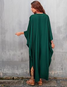 Women's Solid Green V Neck Maxi Abaya <b>Loose</b> Fit Long Sleeve Batwing Modest <b>Dress</b> With Slit Hem Polyester Daily Wear Summer Style - Product Image 3