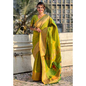 Sari en soie tissée Elite Weaves Mehandi Green Zari, spécial Gudi Padwa Paithani pour les festivals indiens et pakistanais - Product Image 5