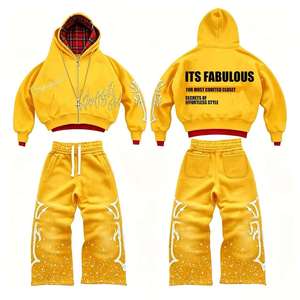 Six Trend Sports Men's Winter Streetwear OEM Custom Acid Wash Rhinestone Jogger Sweatsuit Cropped Distressed Embroidery <b>Set</b> - Product Image 1