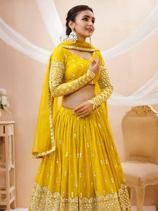Yellow <b>Sequin</b> Embroidered Lehenga Choli With V-Neck <b>Crop</b> <b>Top</b> And Full Sleeves Floor-Length Bridesmaid Dress A-Line Silhouette - Product Image 3