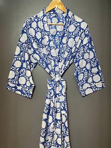 Kimono largo de algodón tejido a mano con estampado de bloques y cuello en V, bata de dama de honor, ropa de playa de secado rápido con mangas largas - Product Image 2