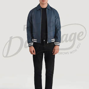 Chaqueta Bomber de Cuero Genuino Azul para Hombre con Cuello Clásico de Camisa y Puños Acanalados a Rayas, Prenda Deportiva de Cuero Completo de Primera Calidad - Product Image 3
