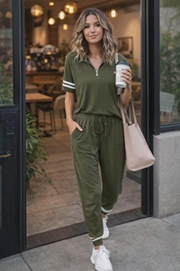 Ensemble de survêtement 2 en 1 pour femmes, rose, à capuche, demi-zip, manches longues, couleur unie, coupe décontractée, avec poches latérales, pour l'automne - Product Image 6
