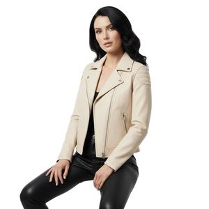 Veste de moto en cuir crème à fermeture éclair personnalisée pour femmes, vente en gros en vrac, prix d'usine, style motard authentique, manteau tendance pour femmes - Product Image 1