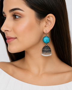 Pendientes Jhumka de Latón Oxidado Plateado con Turquesa y Perlas de Imitación Estilo Bohemia para Boda, con Garantía Comercial - Product Image 3