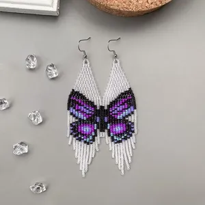 UNIQUE Purple Butterfly Beaded Fringe <b>Earrings</b>, White Seed Bead Dangle <b>Earrings</b>, Nature Inspired Jewelry FOR WEEKEND PARTY - Product Image 1