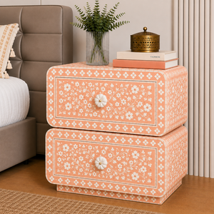 2026 New Arrival Floral Resin Bone Inlay Nightstand With Drawers & <b>Shelf</b> Chic Cabinet <b>Bedside</b> End Table Premium Interior Decor - Product Image 2