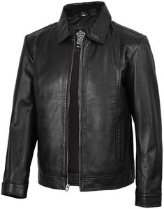 Chaqueta de Motociclista de Cuero Vacuno para Hombre, Talla Grande, Cuello Camisero, Cierre de Cremallera, Corte Regular, para Otoño, Color Sólido - Product Image 3
