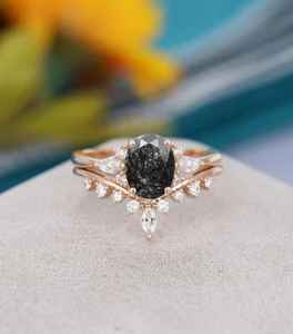 Natural Black Rutilated Quartz Oval Ring 925 Sterling Silver 14k Gold Plated Wedding Stackable Ring Women - Product Image 1