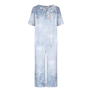 Pijama con estampado floral para mujer, camisa de manga corta con cuello redondo, 95% poliéster, 5% elastano, ropa de dormir informal, cintura elástica, ropa de verano de secado rápido - Product Image 3