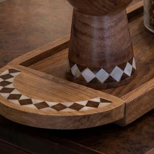 เตาเผาบัคฮูร์ไม้หรูหราทำมือขายดี พร้อมลายโมปอินเลย์ ตกแต่งสวยงาม พร้อมขวดแก้วและถาด สำหรับเป็นของขวัญในช่วงรอมฎอนและอีด - Product Image 6