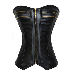 Salva Leather <b>Women's</b> Black Leather Corset <b>Waistcoat</b> V-neck Zipper Closure Lace-Up Back Casual Style Waterproof Outerwear - Product Image 2