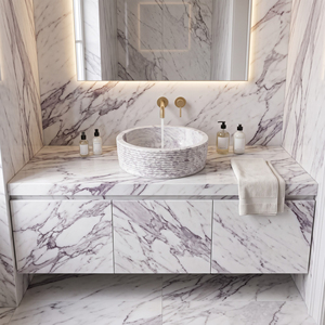 Modern <b>Round</b> Marble Vessel <b>Sink</b> with Drainer Countertop Mounted <b>Bathroom</b> Vanity Basin - Product Image 2