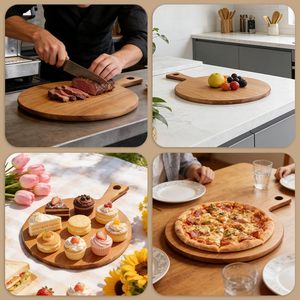 Durable Acacia Wood Cutting Board Round Pizza Peel with Handle Kitchen Serving Paddle Board for <b>Bread</b> Cheese - Product Image 2