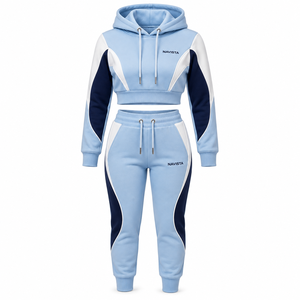 Women's Breathable Hooded Regular <b>Top</b> Set Blue Solid Color Regular Fit Full Sleeve Winter Casual Streetwear Tracksuit Split Hem - Product Image 6