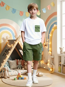 New Summer Collection Boys' Casual Cargo Shorts Set with White T-Shirt Green Multi-Pocket Shorts Print Pattern for Outdoor Use - Product Image 4