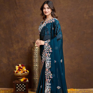 Sari de Seda Rangoli Tradicional Premium con Bordado C-Pallu, Hermosa Blusa para Bodas, Festivales, Fiestas, Secado Rápido, Banarasi - Product Image 1