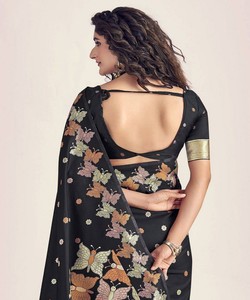 Black Digital Printed Silk Saree With <b>Butterfly</b> Pattern Traditional Indian Wedding Wear For Women - Product Image 4
