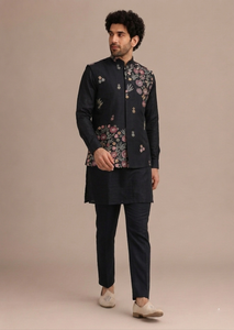<b>Men</b> Embroidered Navy Blue <b>Kurta</b> Set Floral Woven Formal Indian Pakistani Clothing Wedding Wear - Product Image 3