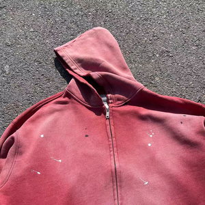 Sudadera con capucha para hombre, estilo vintage, con cremallera, de forro polar cepillado de alto gramaje, efecto desgastado por el sol, línea de producción de ropa urbana personalizada 2026 - Product Image 3