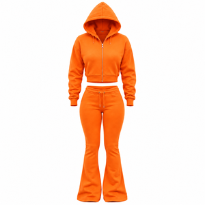 Custom Women Flare Tracksuit Trendy Y2K Cropped Zip Hoodie <b>Bell</b> Bottom Sweatpants Set Stylish Fashion Women's Flare Tracksuit - Product Image 2