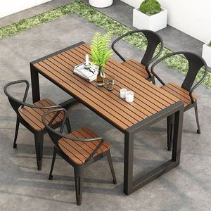 Ensemble de salle à manger d'extérieur en teck avec table à lattes au design moderne et structure en métal robuste avec revêtement en poudre pour les espaces de jardin - Product Image 1