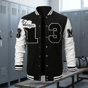 Veste streetwear pour homme en tissu patchwork, style varsity noir et blanc, veste de créateur de style streetwear pour jeunes garçons - Product Image 4
